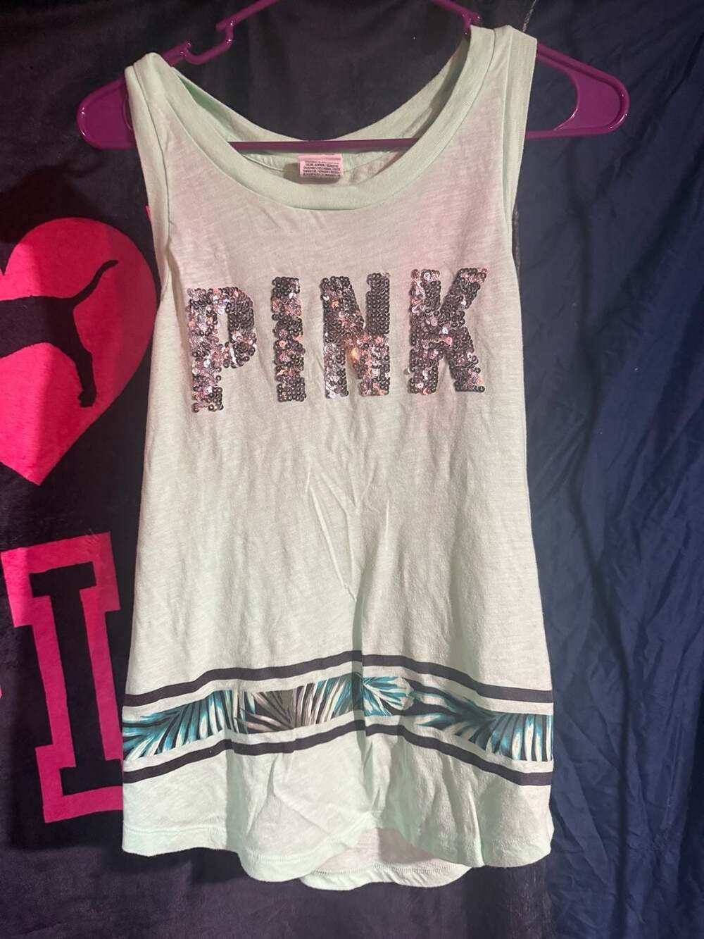 Victoria's Secret PINK Sequin Logo Racerback Tank Top Mint Green Size S